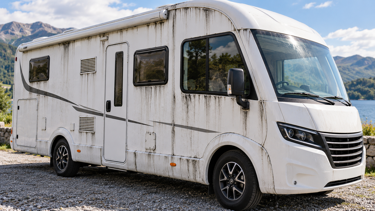 Weißes Wohnmobil mit schwarzen Regenstreifen auf der Außenwand