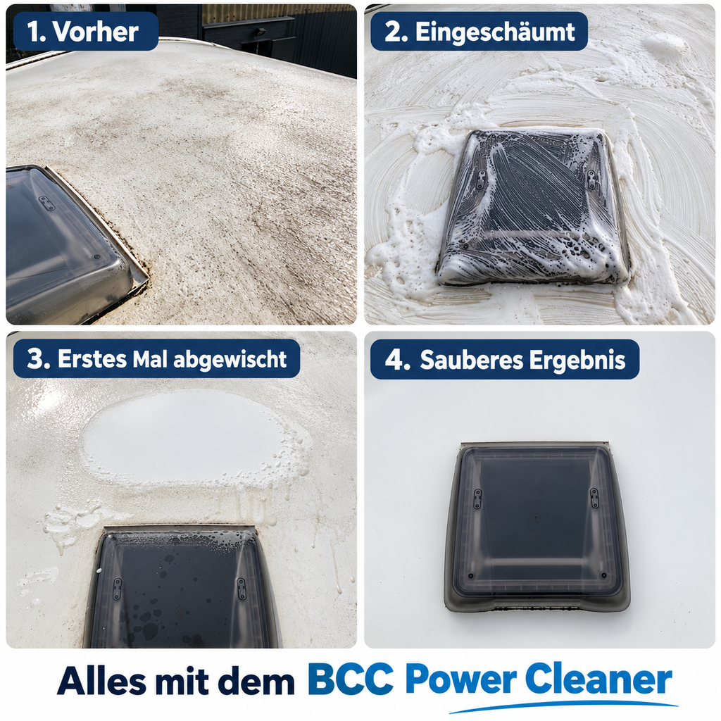 BCC Power Cleaner zur Reinigung von Wohnmobil- und Caravan-Dächern – Vorher-Nachher Anwendung