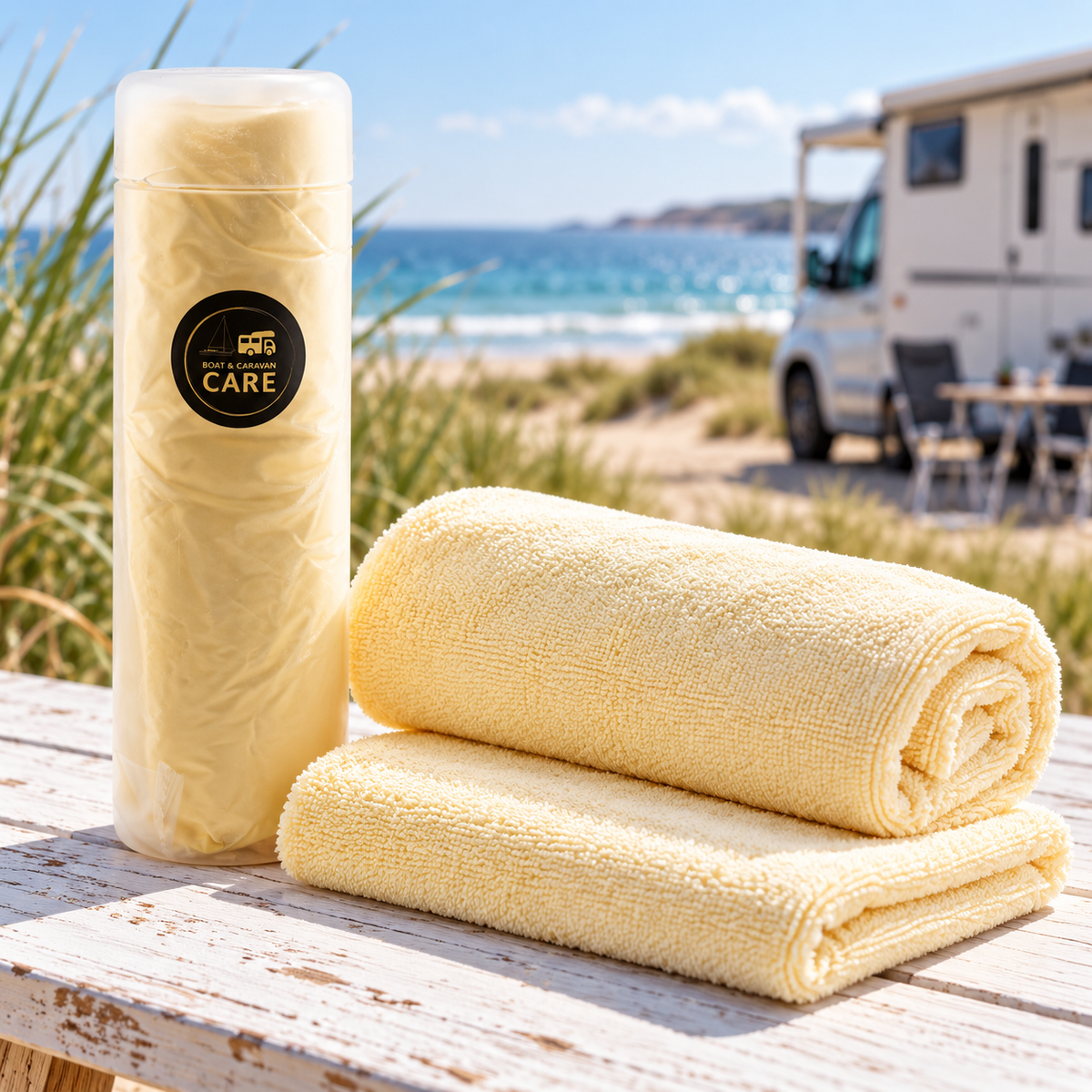 Zwei BCC Drying Towels auf weißem Holztisch mit Wohnmobil am Strand und Dünen im Hintergrund