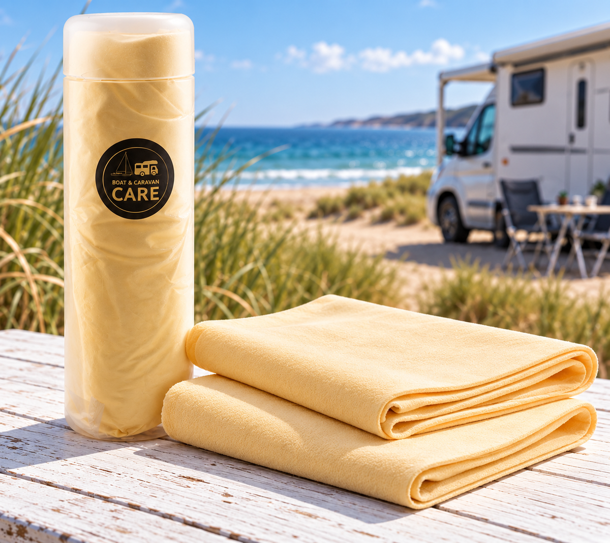 Zwei BCC Drying Towels auf weißem Holztisch mit Wohnmobil am Strand und Dünen im Hintergrund
